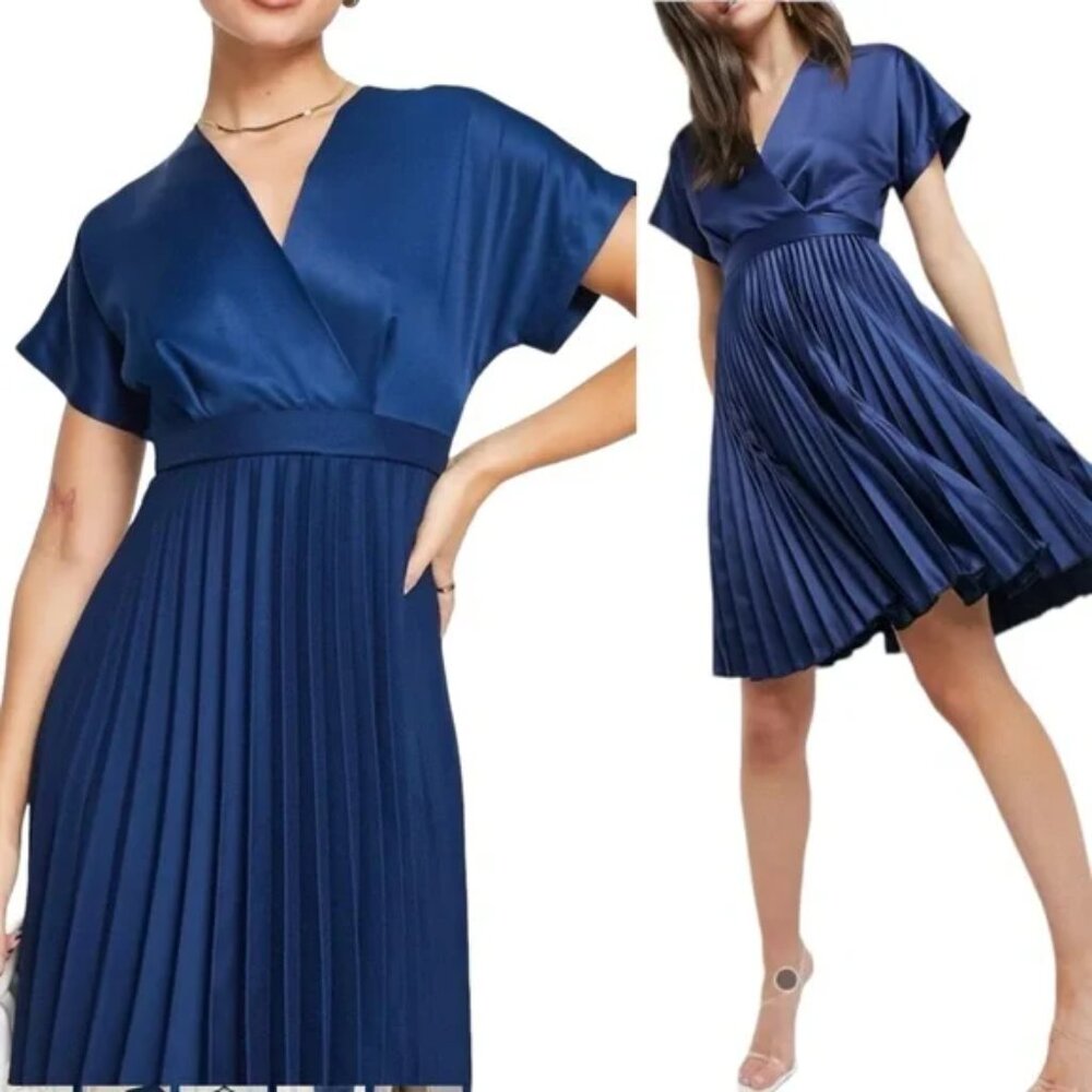 CLOSET. London 4 Navy Blue Pleated Wrap Top Dress